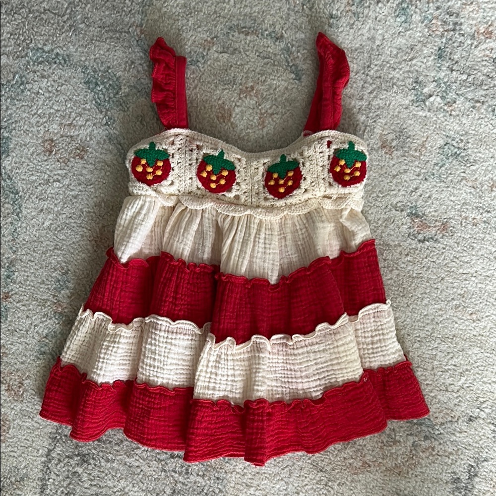 2T Vintage Red and White Ruffled Dress with Strawberry Detail